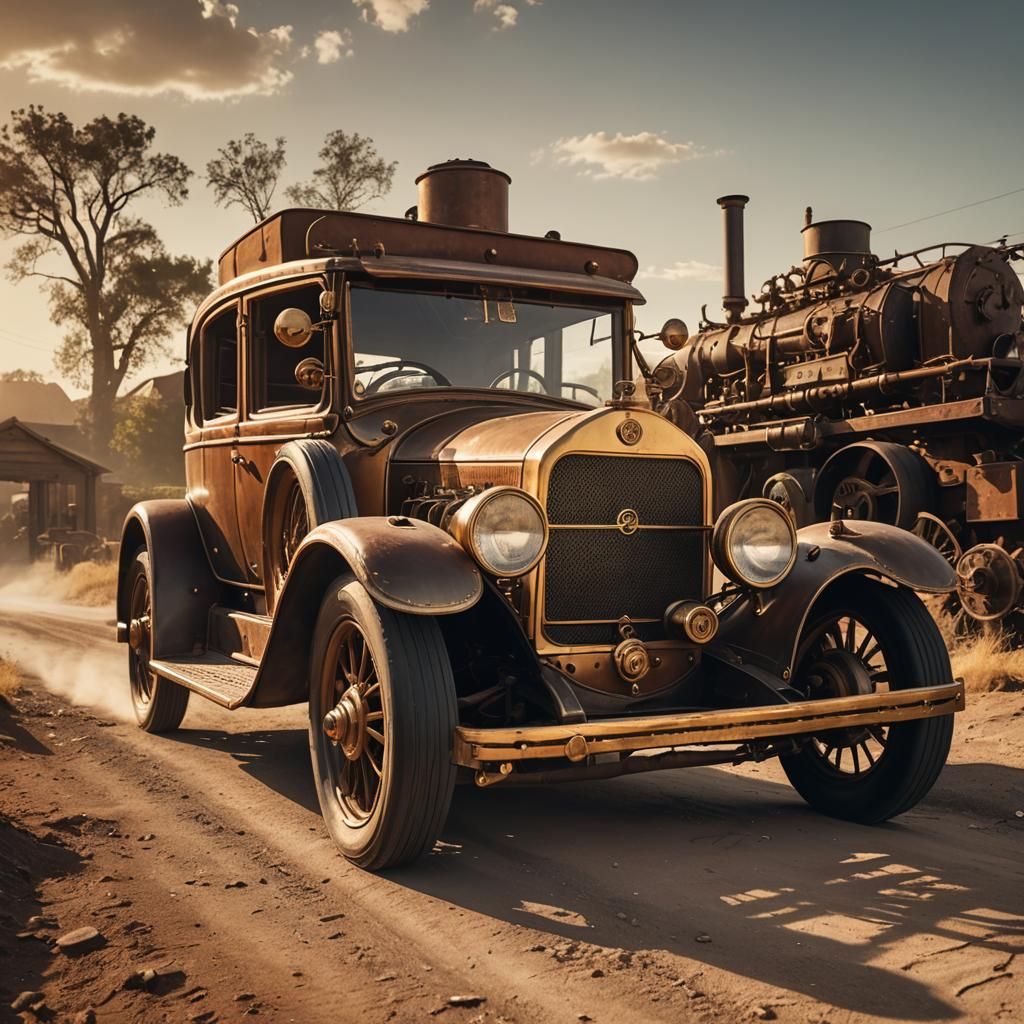 Steampunk Old Car on Dusty Road, Brass Details