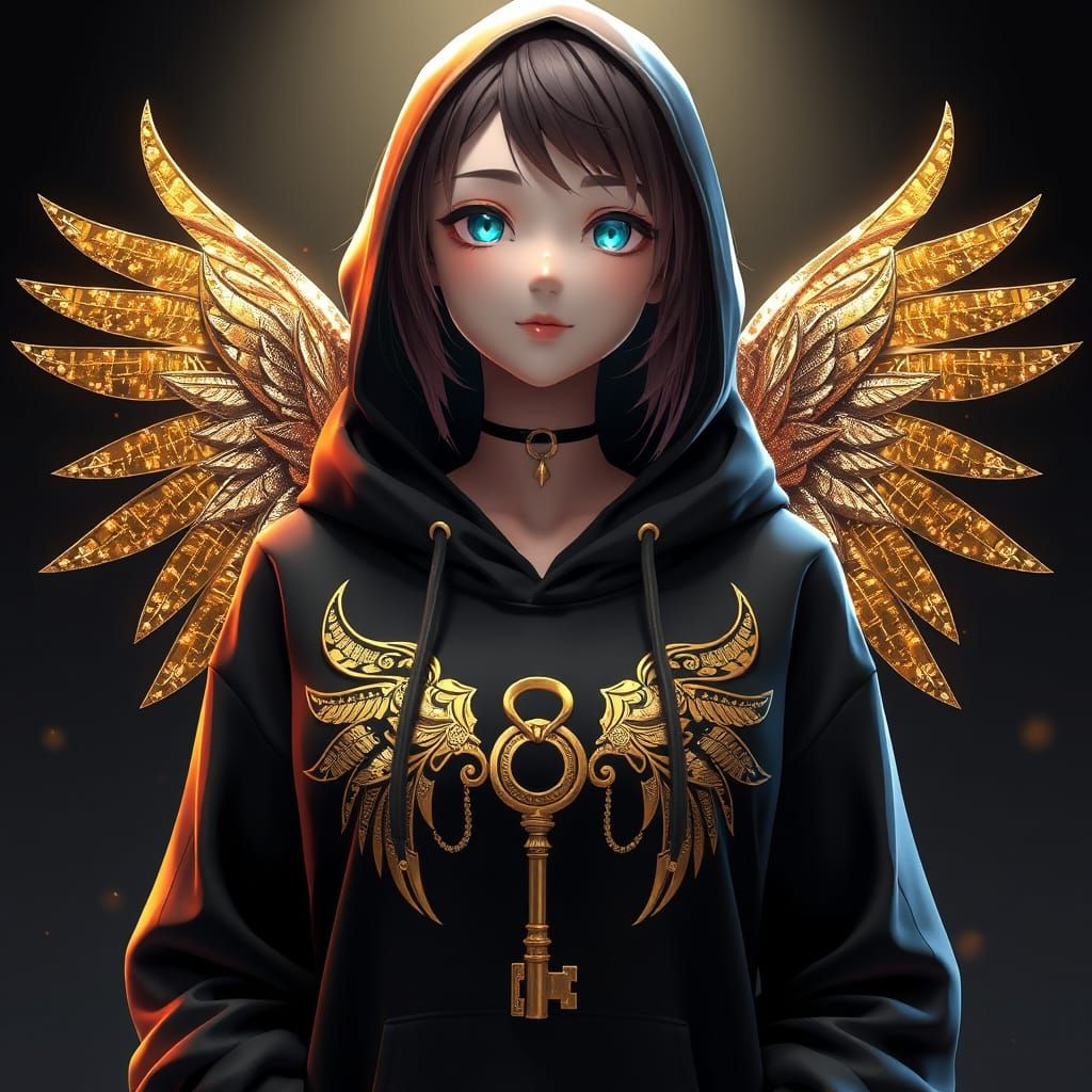 Anime-Inspired Goddess with Glittering Wings and Golden Key