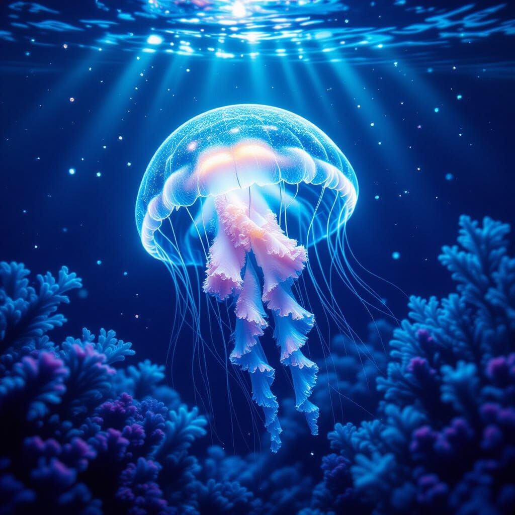 Majestic Bioluminescent Jellyfish in Alien Ocean