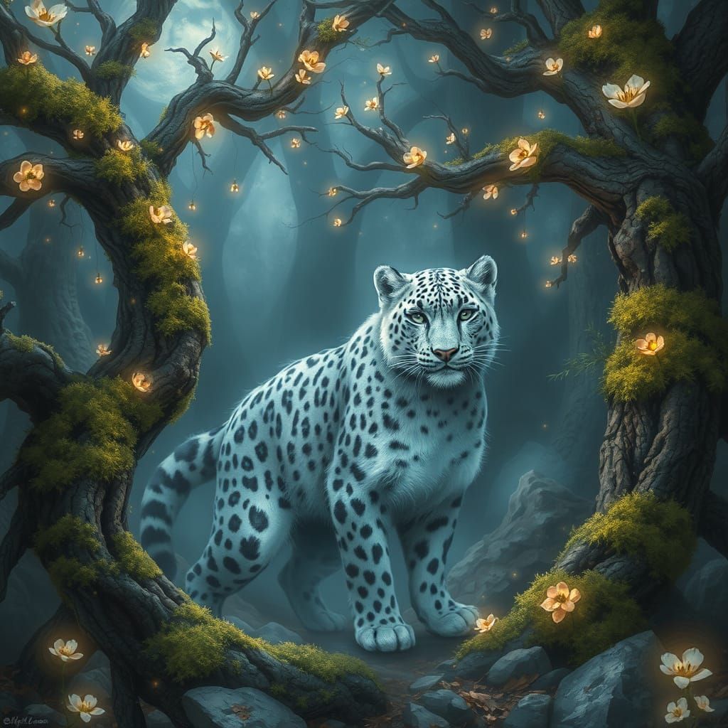 Mystical Snow Leopard Spirit in Ancient Forest