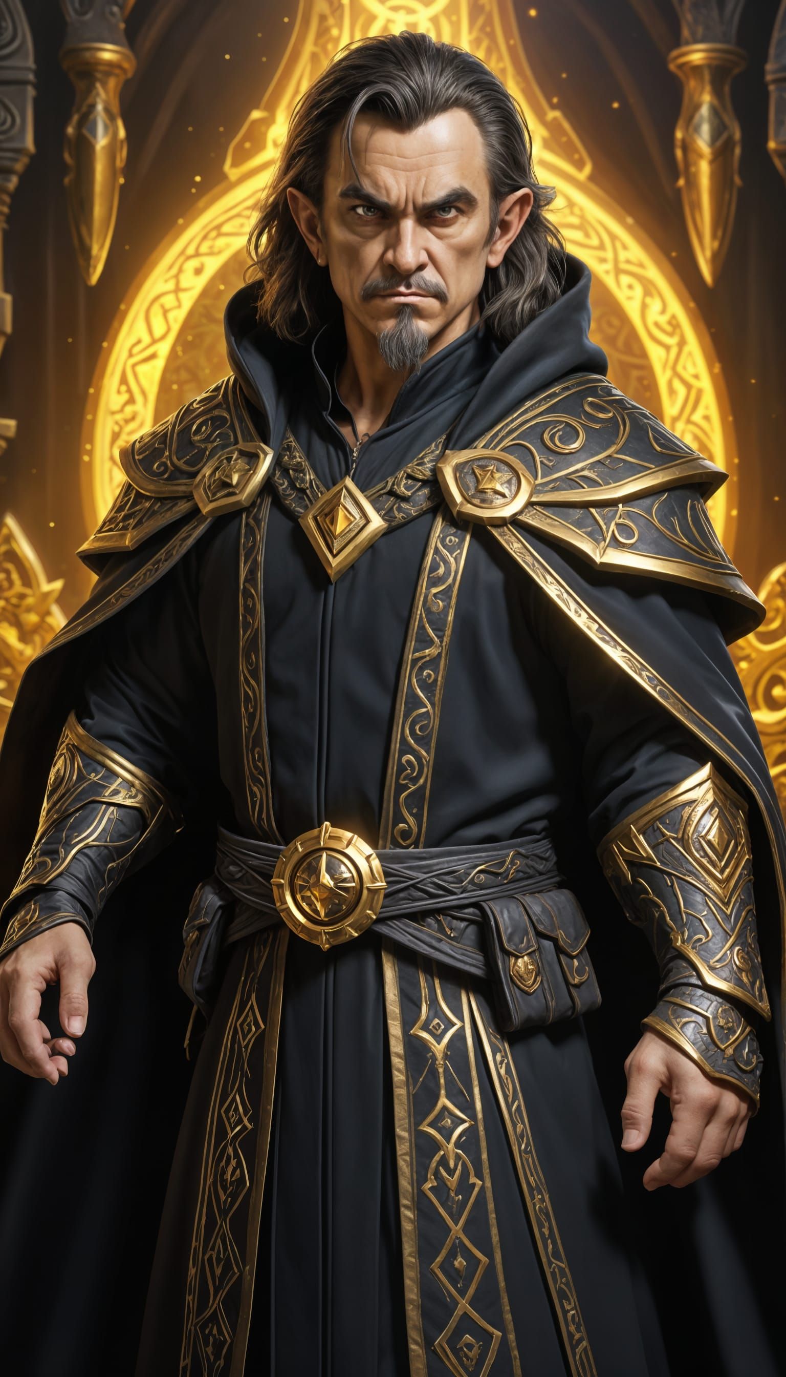 Dark Halfling Wizard in Golden Runes Robes, Warcraft Style