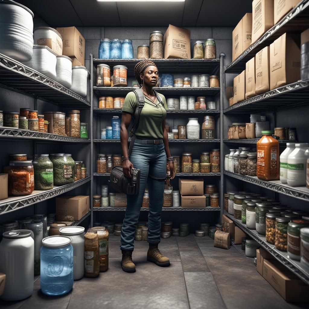 Survivalist Prepper Stocks Shelves with Supplies in 8K