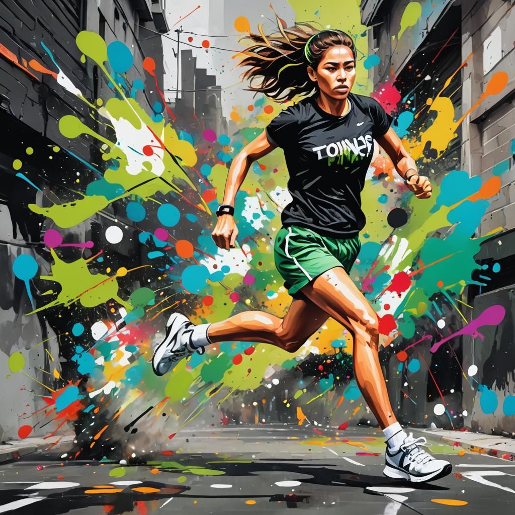 Beautiful woman running in a marathon with an abstract and c...
