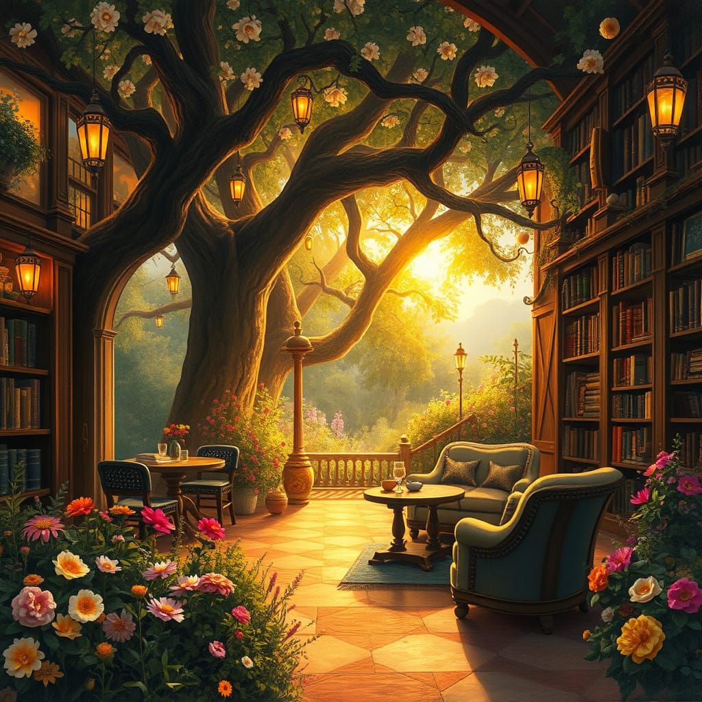 Surreal Dreamlike Cafe Amidst Vibrant Flower Garden