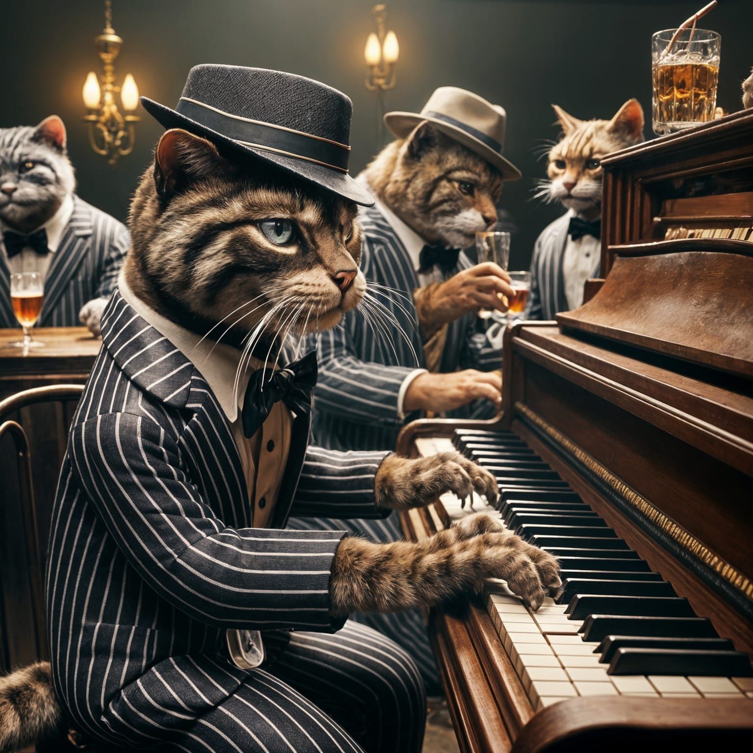Hyperrealistic Cat in Zoot Suit Playing Piano