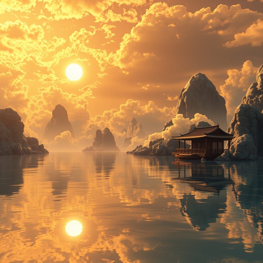 Golden Sea Reflects Sky: 3D Anime Art