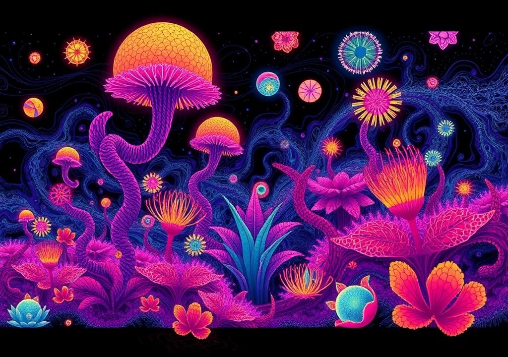 Neon Fantasy Creature in Trippy Acid Forest