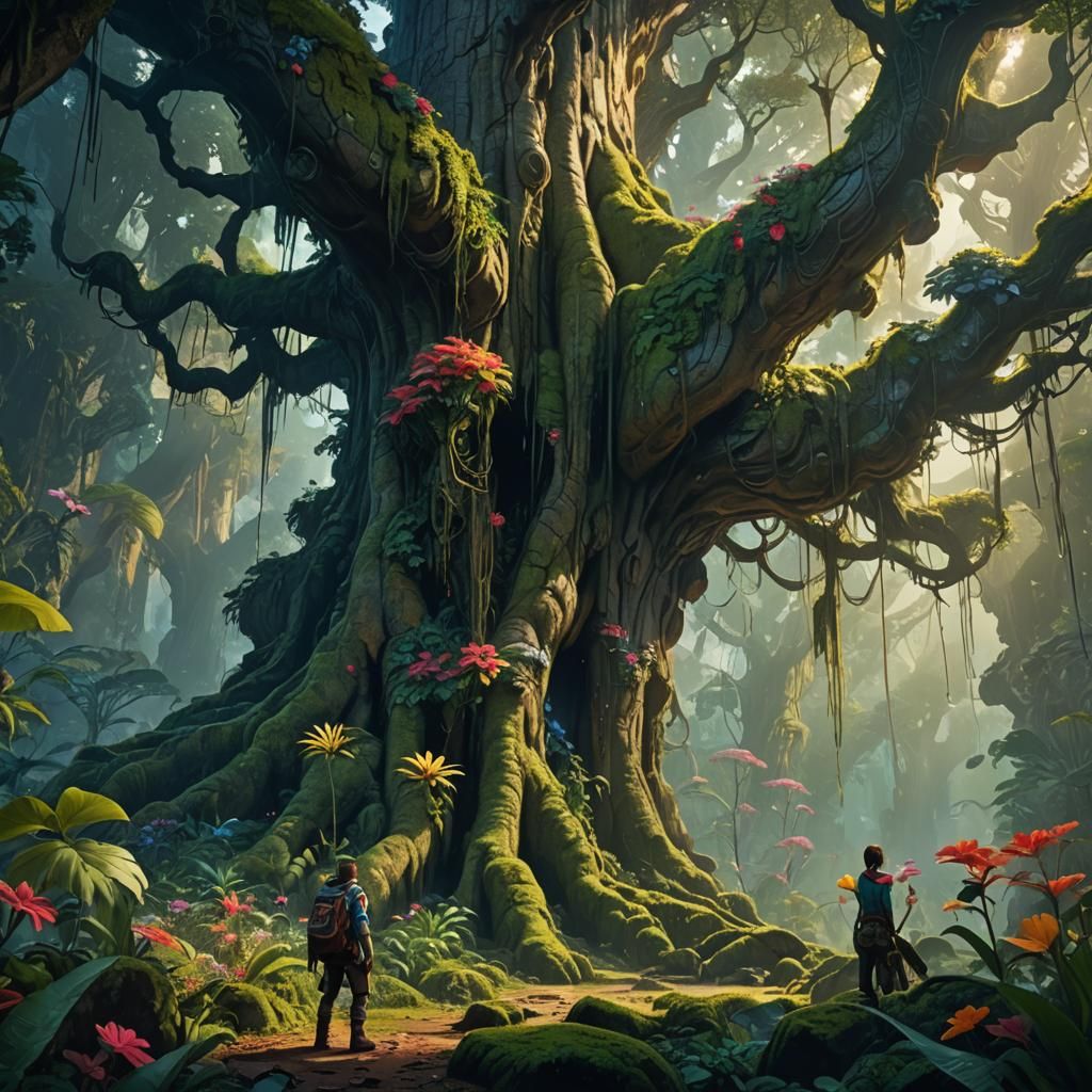 Explorer in a Giant Jungle, Matte Painting Style