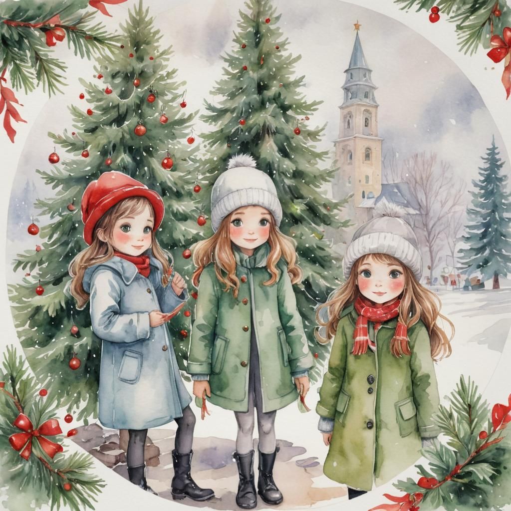 Magical Christmas Storybook Scene in Watercolor