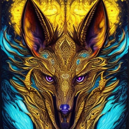 Fiery Anubis in Marbled Gouache Illustration