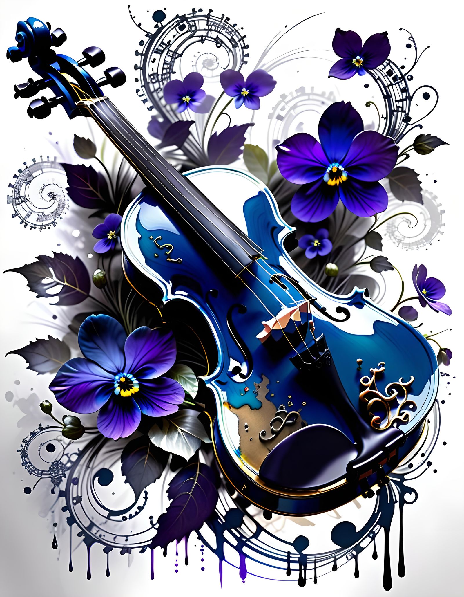 Filigree Fractal Violin with Violets Ink Masterpiece