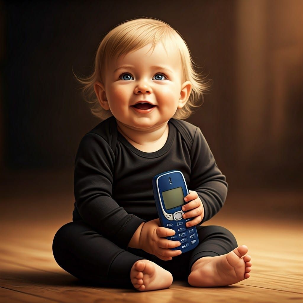 Chubby Cheeked Baby Holds Retro Nokia Phone with Wonder