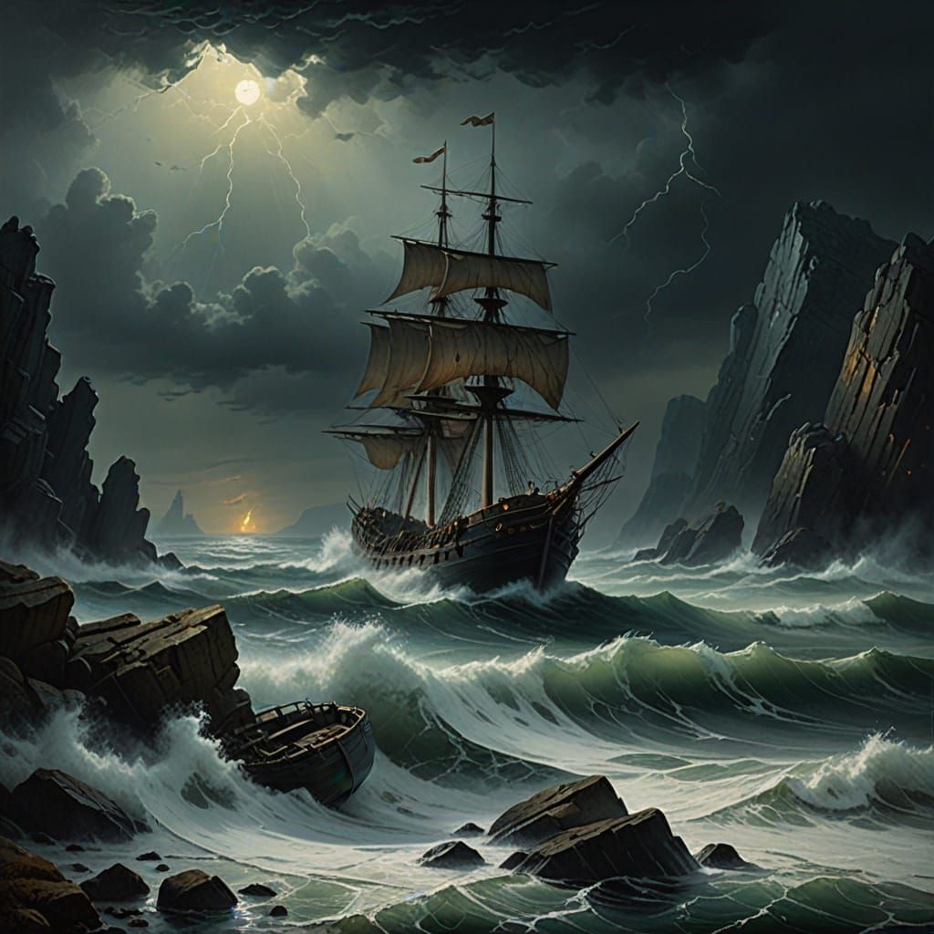 Surreal 19th-Century Sailing Vessel Crashes on Rocky Shoreli...