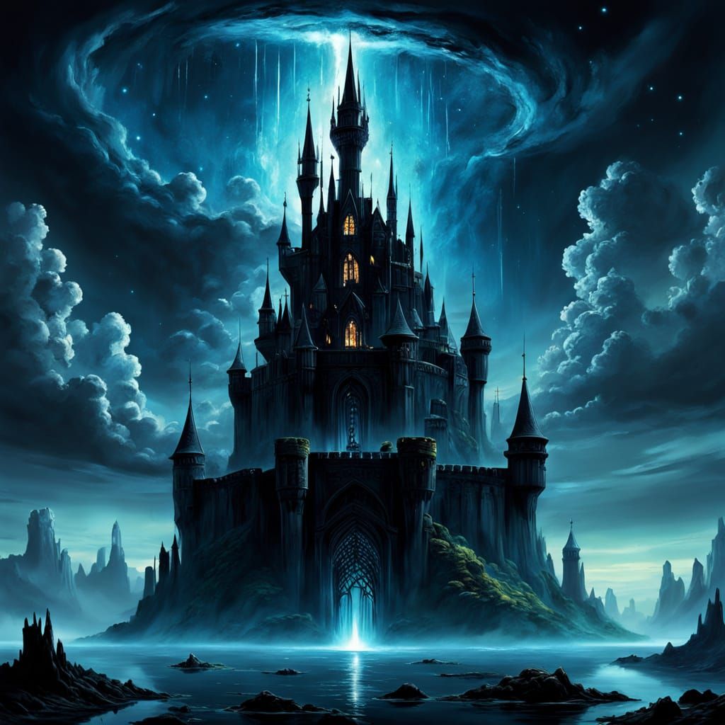 Gothic Castle on Floating Island with Nebula Sky