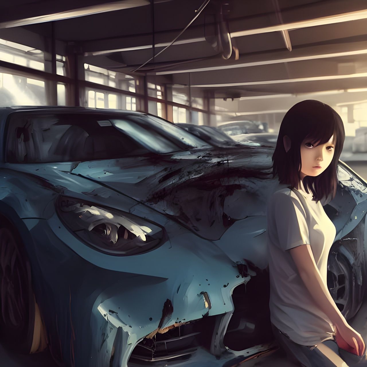 Anime Mechanic Girl in Garage, Cell Shaded Style