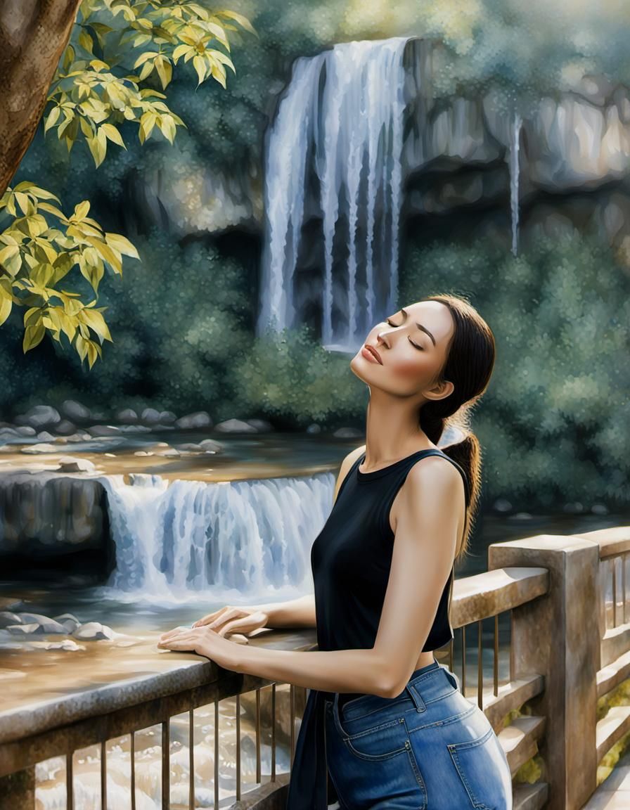 Girl by Waterfall: Realistic Watercolor Painting