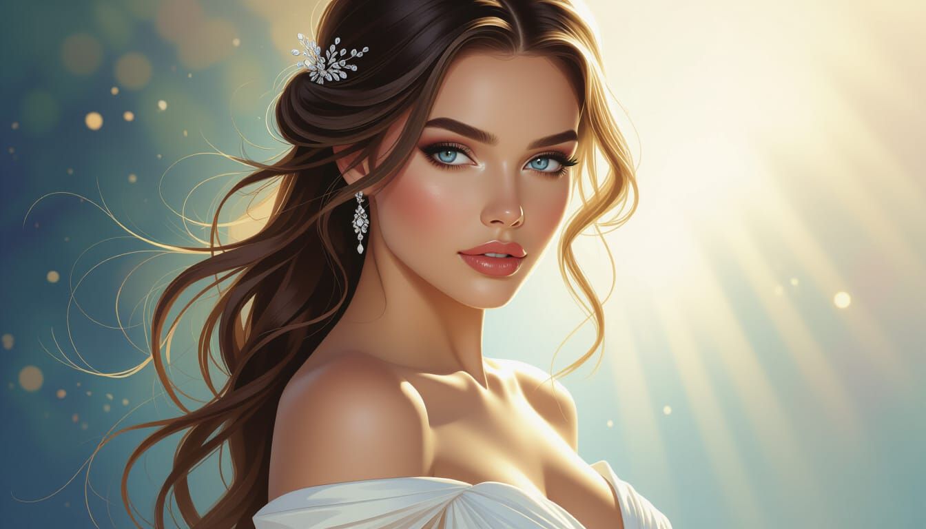Stunning Woman in White Gown, Hyperrealistic Digital Art