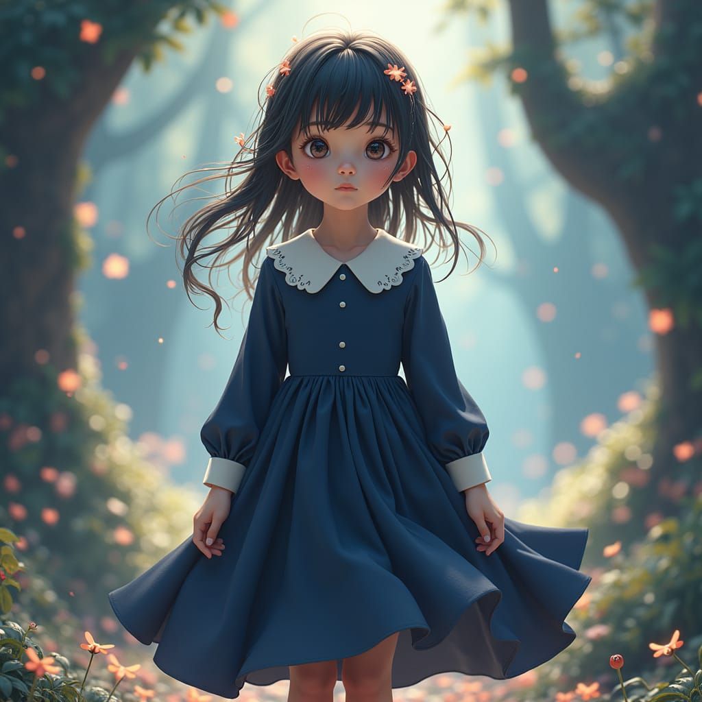 Girl in Navy Dress in Dreamlike Landscape