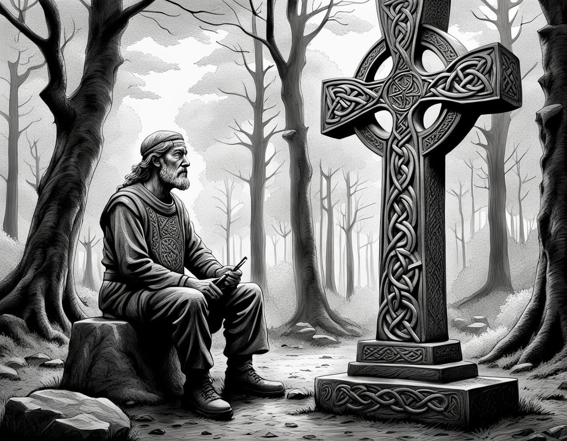 Celtic Sculptor Carving Cross in Brocéliande Forest