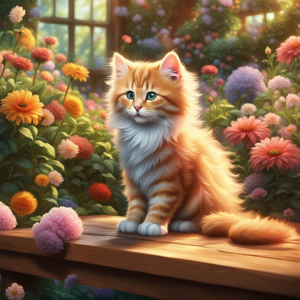 Ginger Kitten in Flower Garden, Impressionistic Digital Art