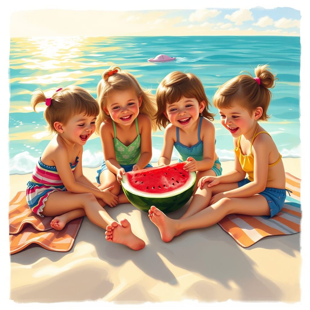 Whimsical Children Enjoy Watermelon on a Sunny Beach