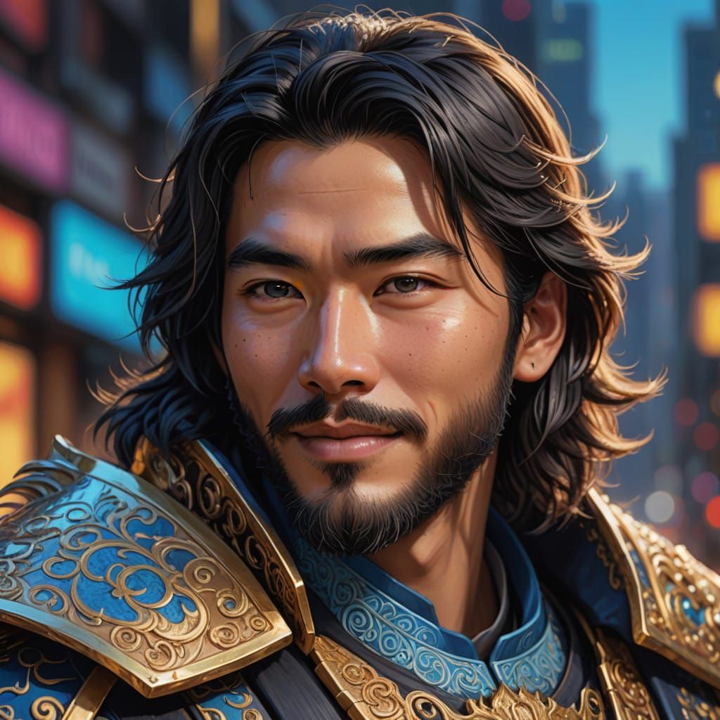 Charming Asian Hero in Vibrant Digital Painting Style