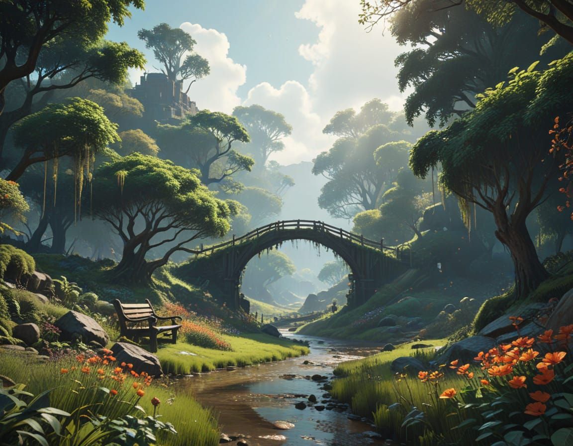 Enchanted Secret Garden with Twisted Willow Tree and Floral ...