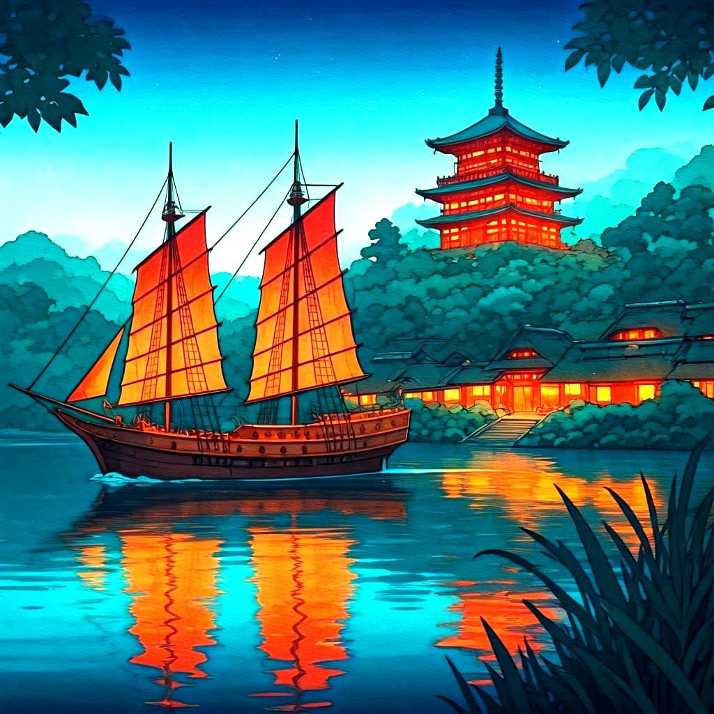 Japanese Ship on Lake at Night: Watercolor Art