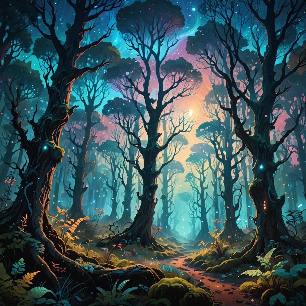 Glowing Forest on Distant Planet in Bioluminescent Style