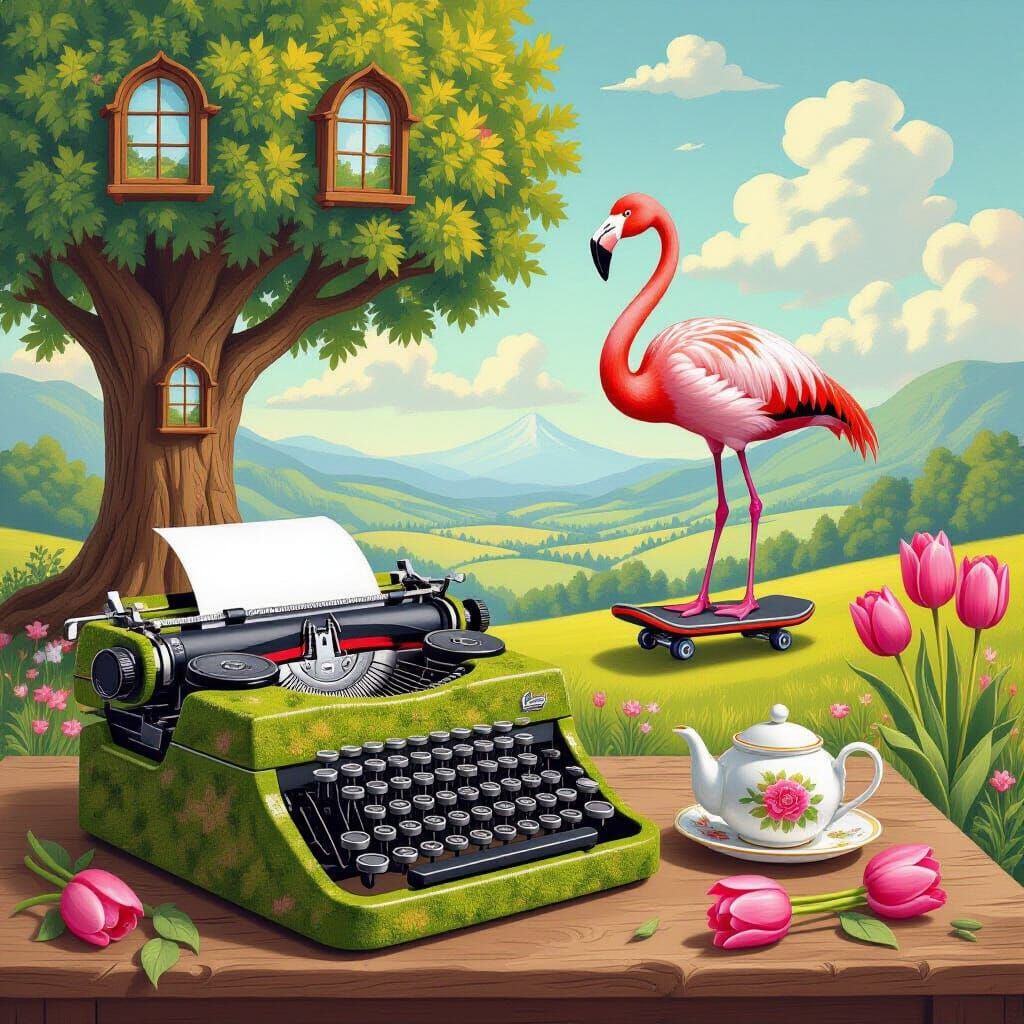 Office with Flamingo on Hoverboard in Bosch Style