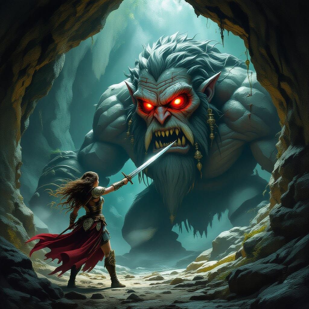 Fearless Warrior Battles Cyclops in Dark Cave