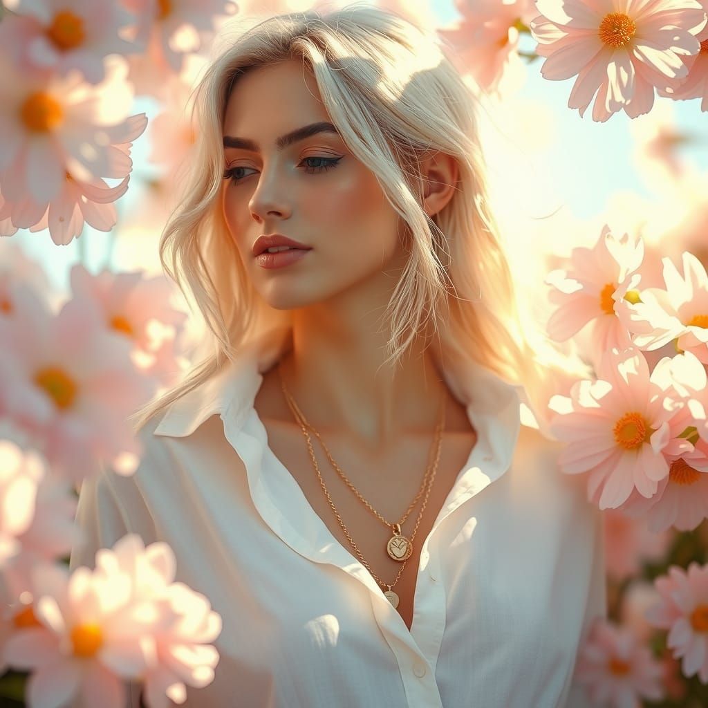 Impressionist Woman in Golden Light with Flowers