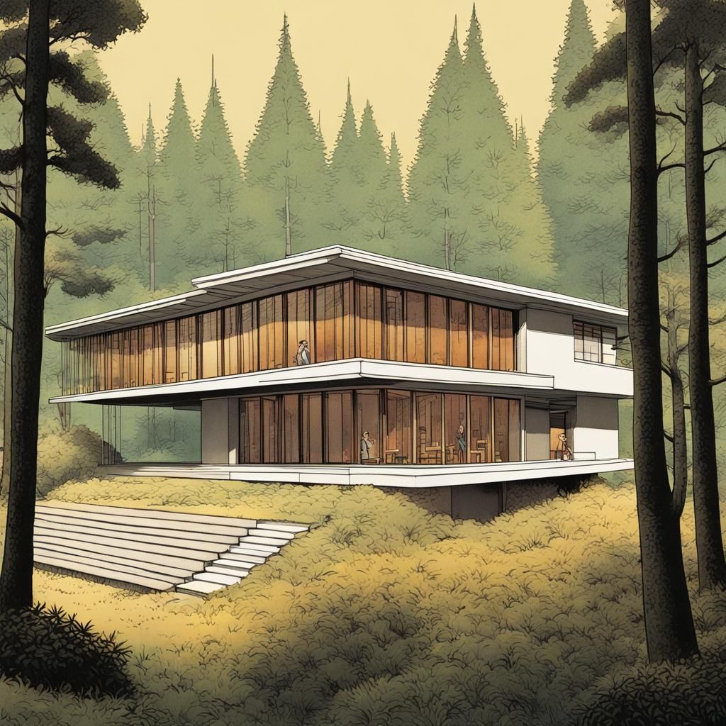 Modernist Building in Forest, Comic Book Style