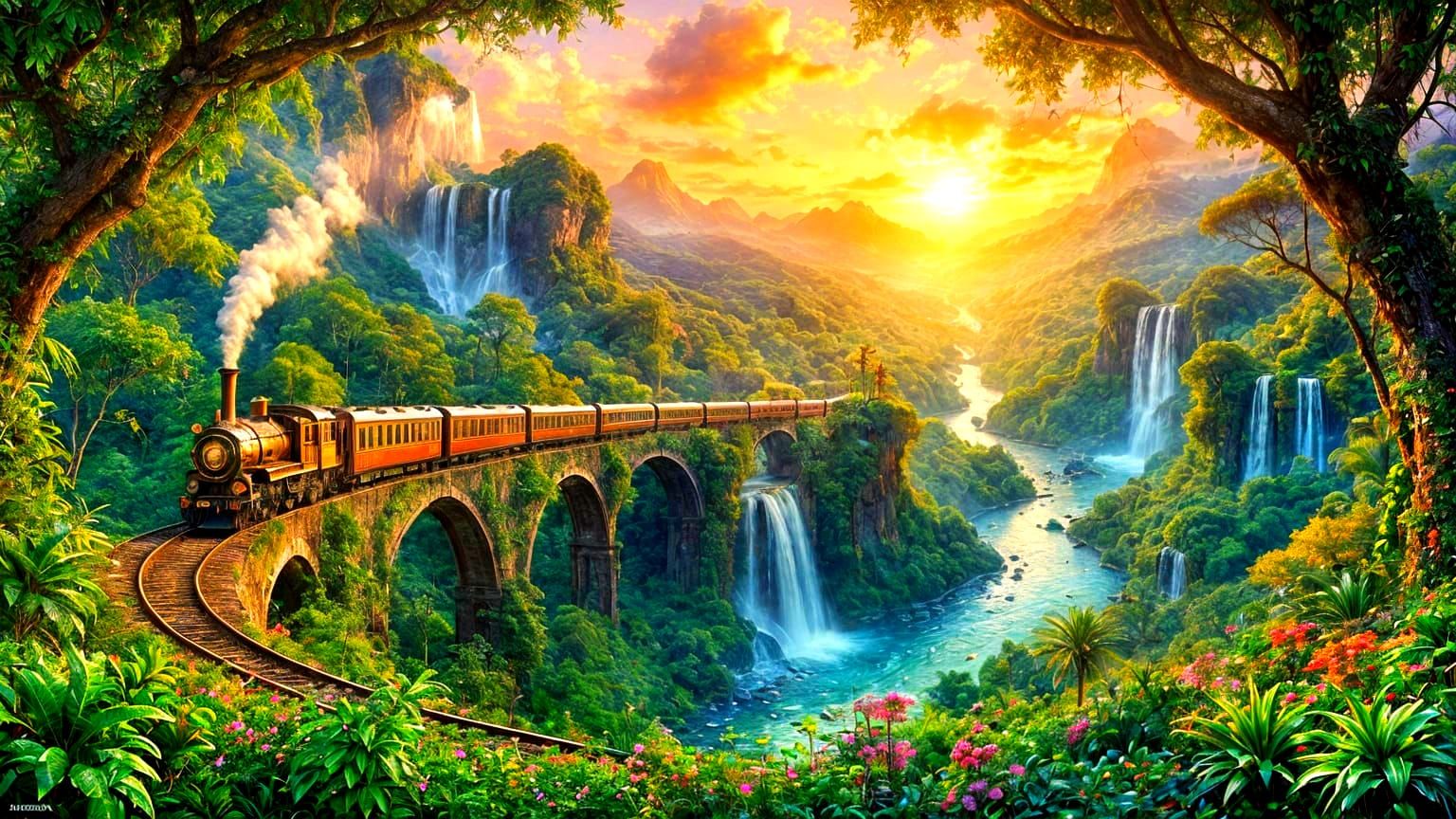 Steampunk Train in Jungle: Maximalist Fantasy Art