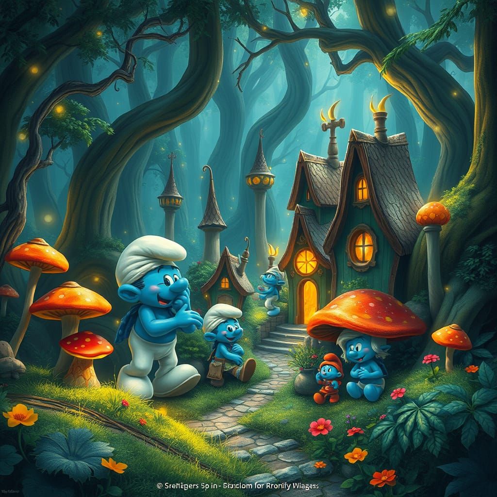 Vibrant Whimsical Village in Emerald Forest