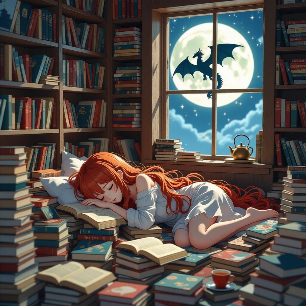 Girl Sleeping in Book Nest: 3D Anime Art