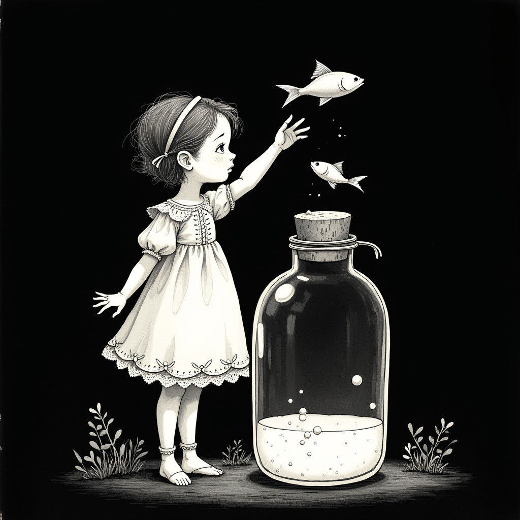 Girl Fishing from Bottle: Black and White Illustration