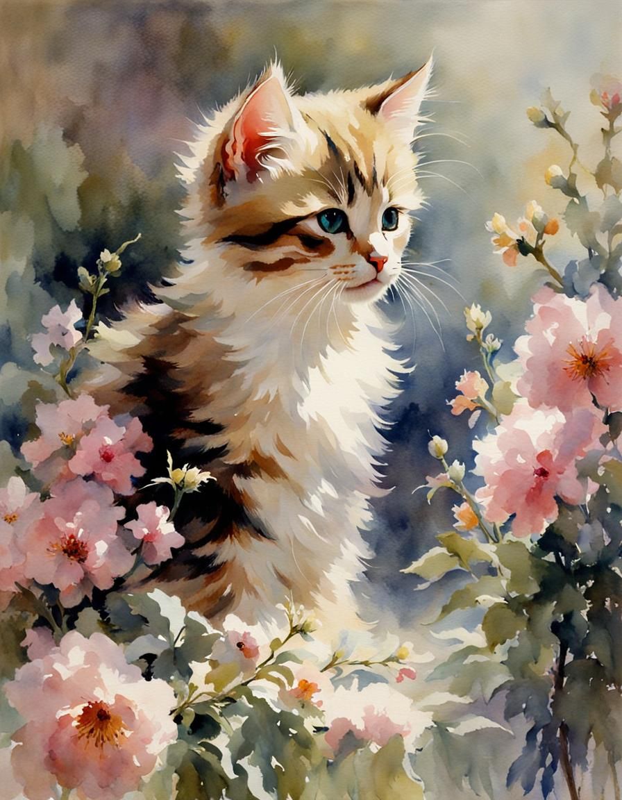 Dreamy Kitten in Watercolor Flower Garden