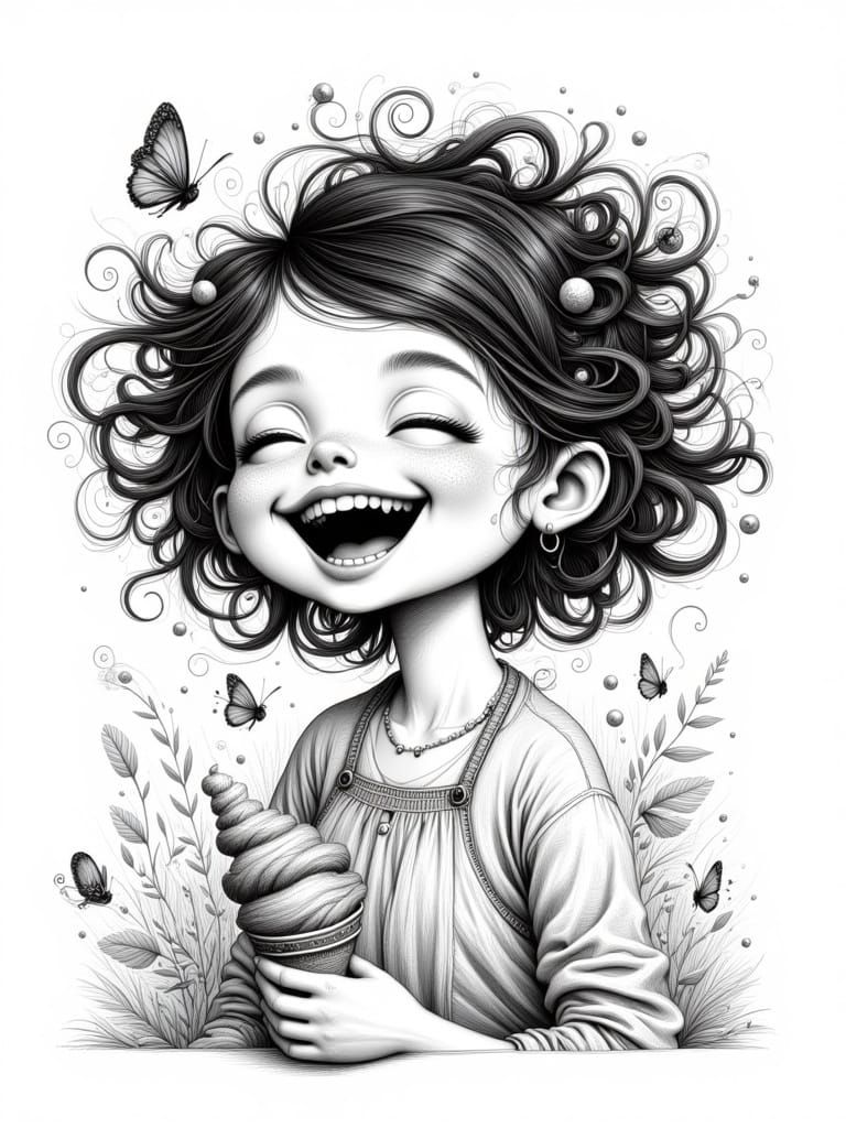 Girl Eating Ice Cream in Mechanical Drafting Style