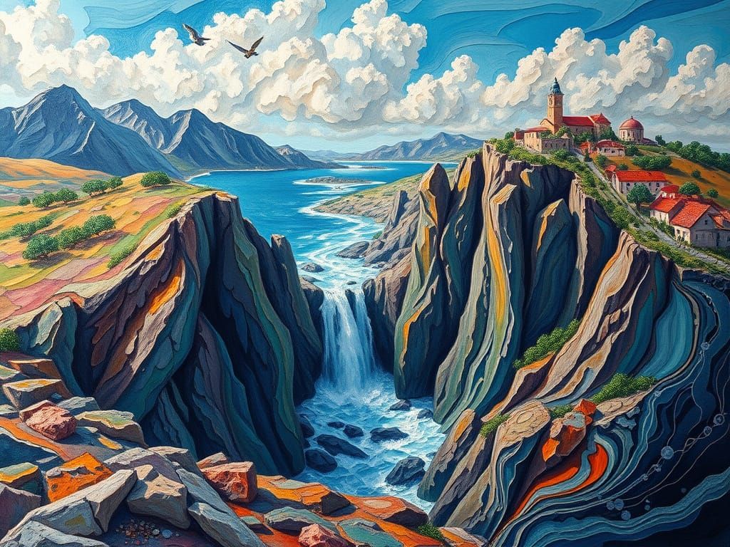 The village by the river, Impressionist painting