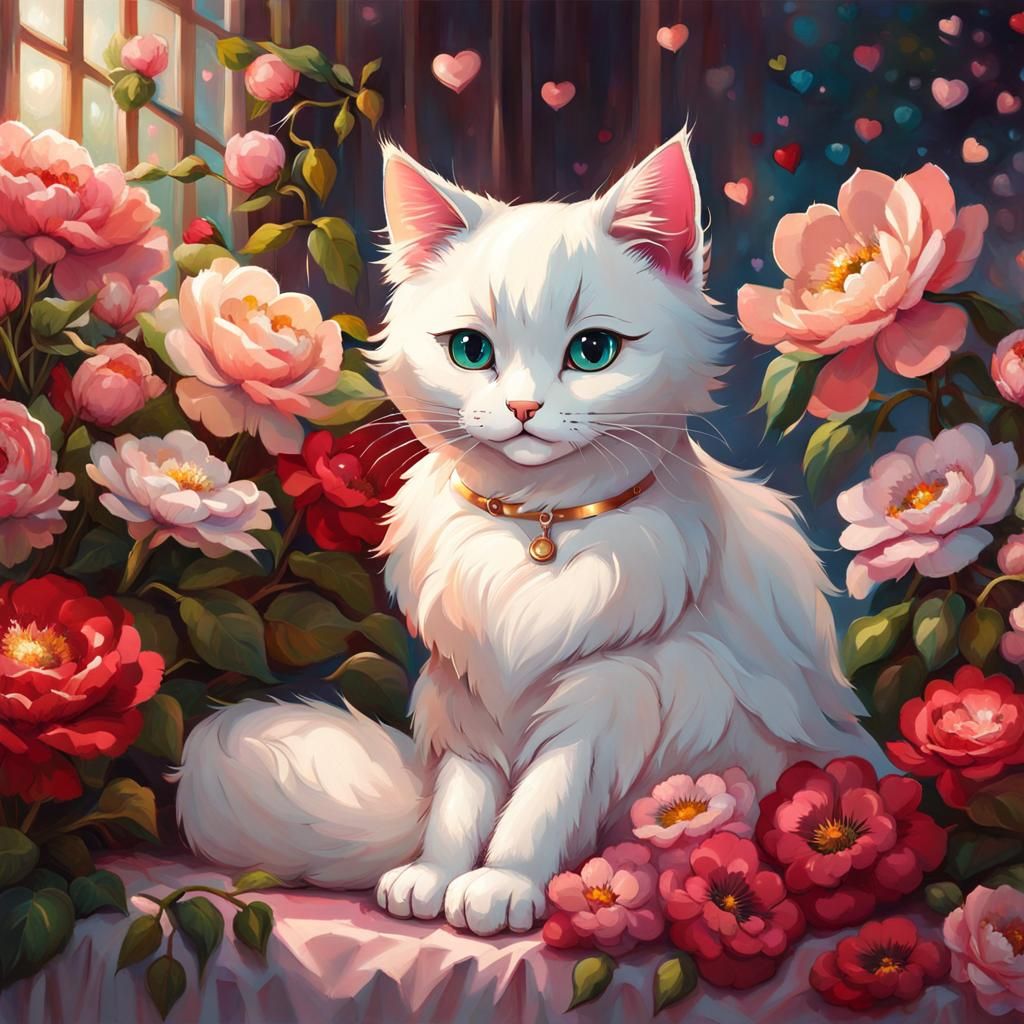 Cute Cat with Flowers in Cushart Style