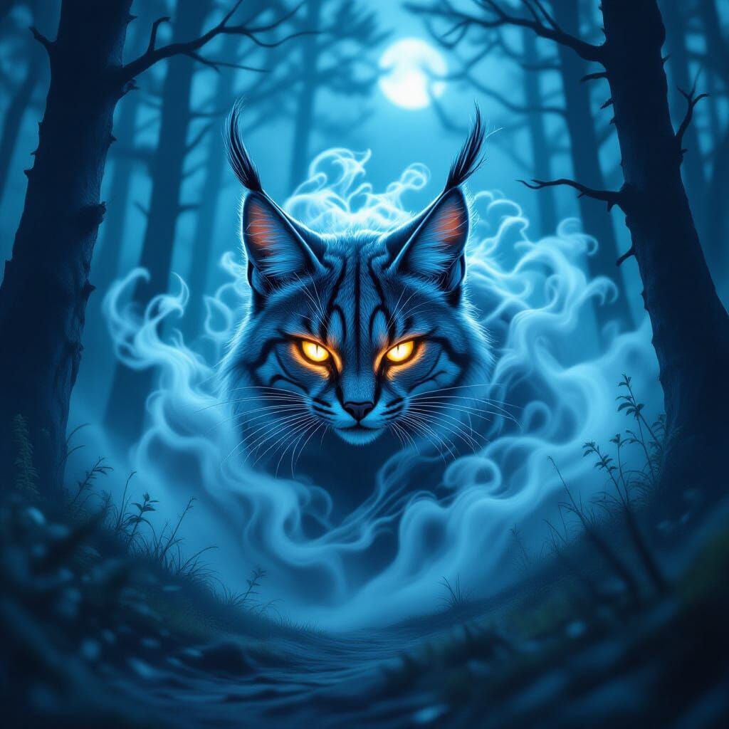 Ghostly Caracal in Haunted Forest: Ethereal Fantasy Art