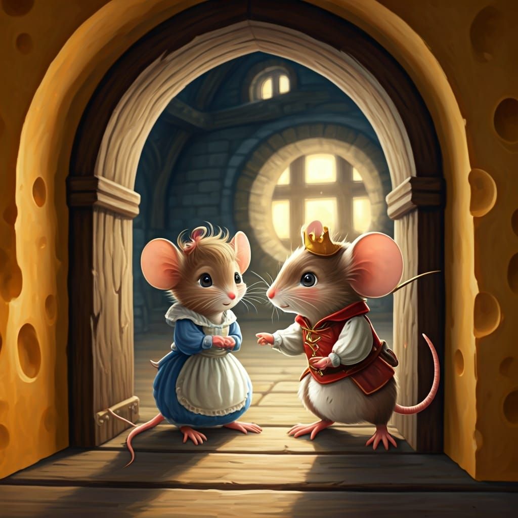 Mouse Prince Arrives at Cheese Factory: Oil Painting