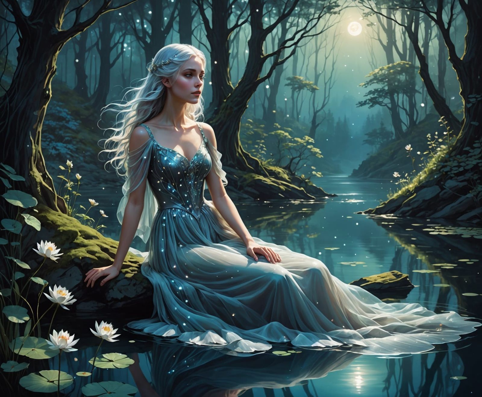 Ethereal Woman Above Bioluminescent Lake in Magical Forest