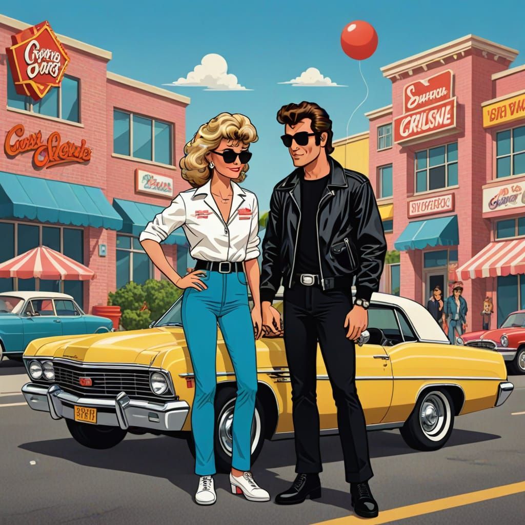 Sandy and Danny Cruising in 70s Cartoon Style