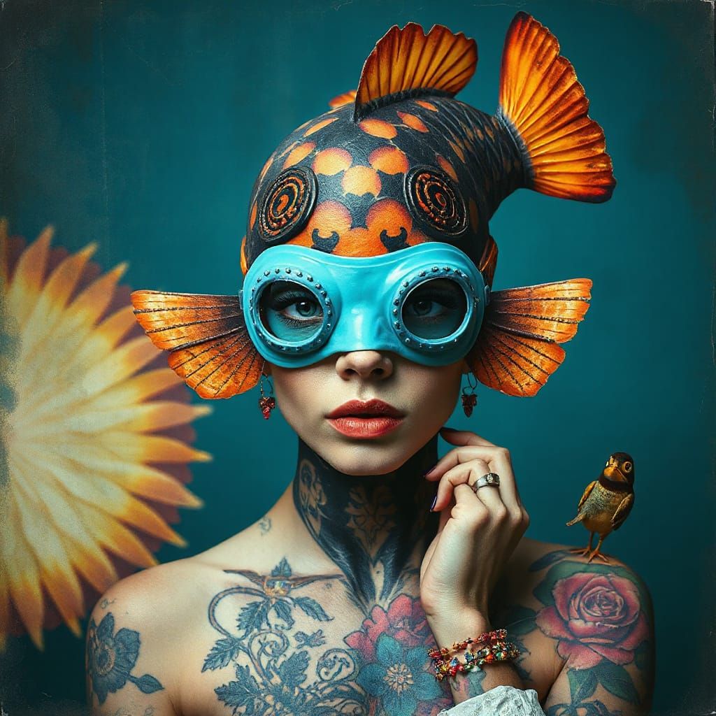 Surreal Portrait with Fish Mask and Tattoos