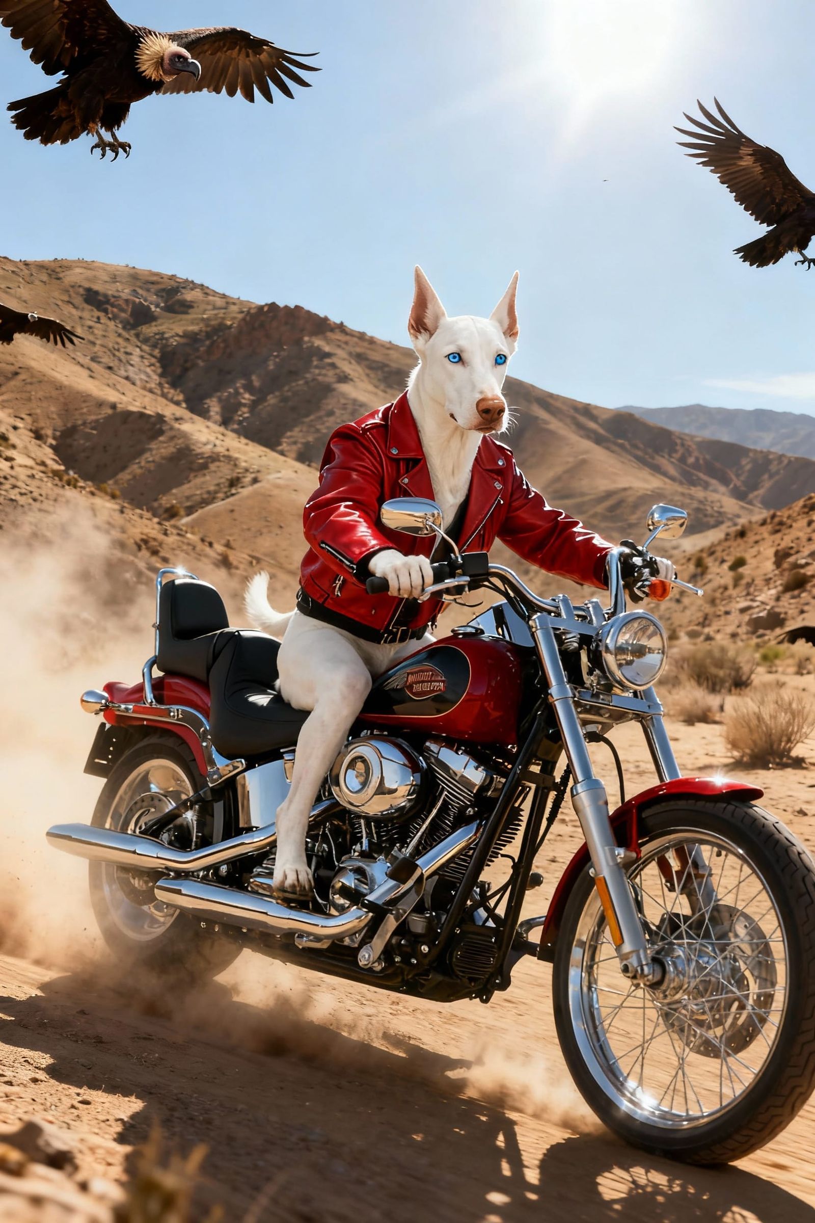 Dog Rides Motorcycle in Desert, Wearing Leather Jacket