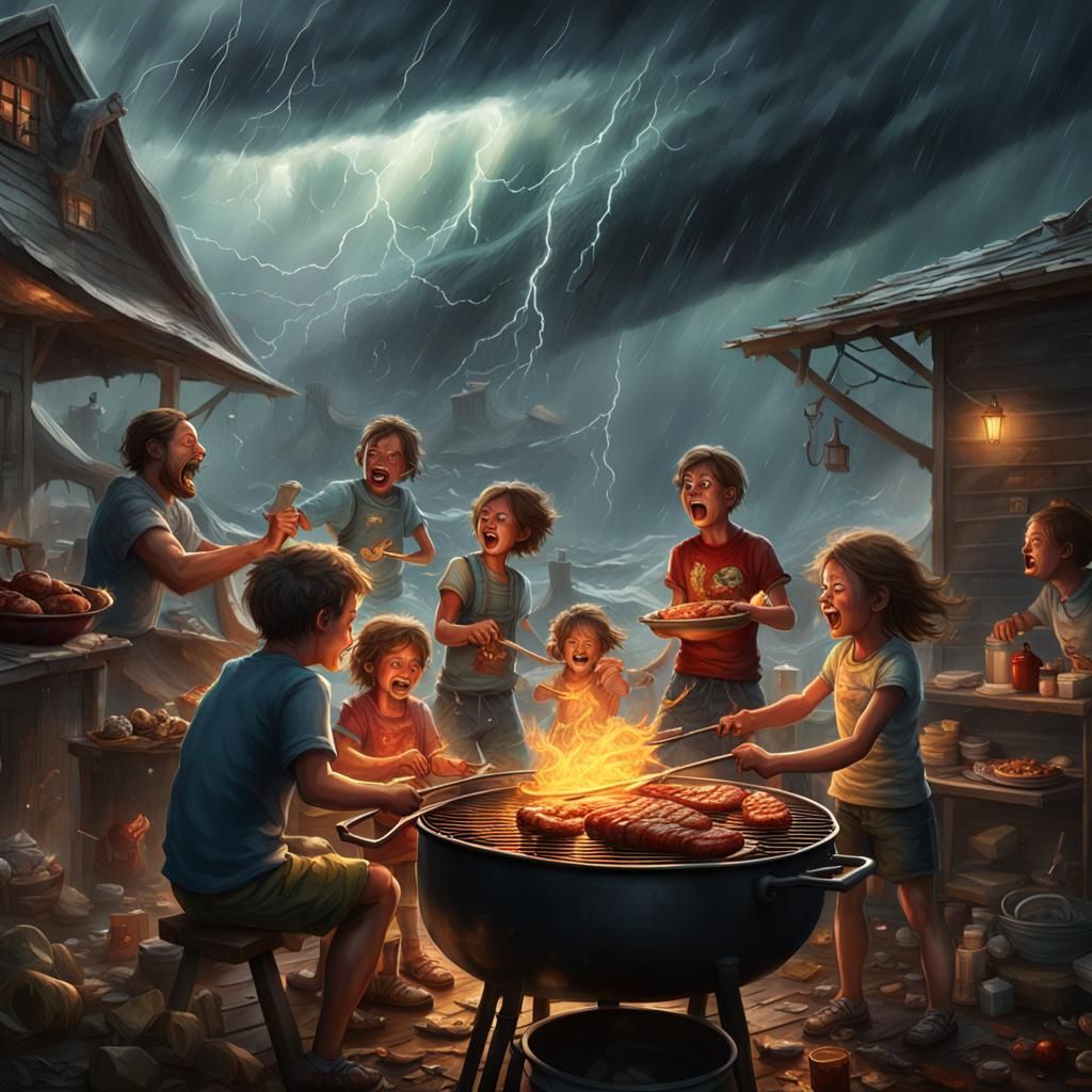 Family Barbecue in Hurricane, Dark Fantasy Concept Art