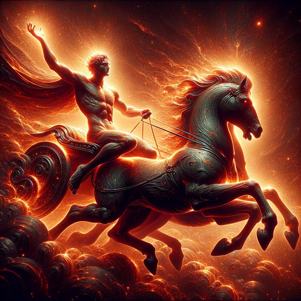 Greek God Rides Fiery Chariot with Cinematic Lighting