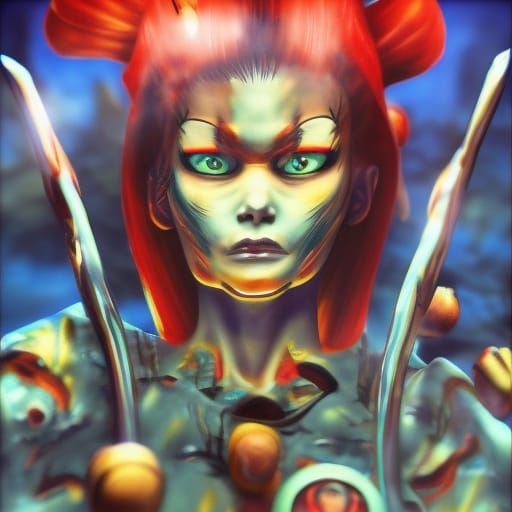 Fiery Warrior Goddess in Grotesque Horror Space